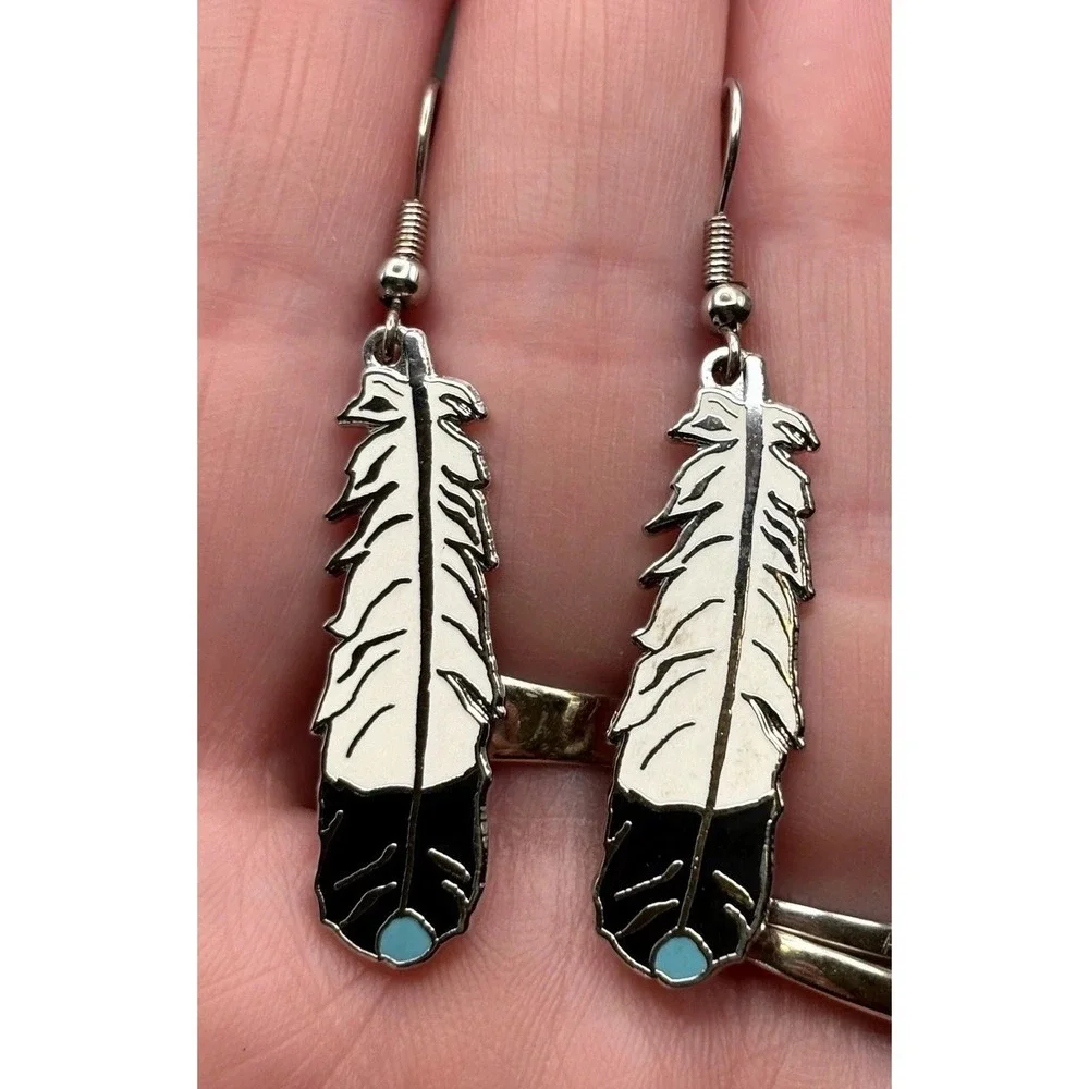 Heidi Mitchell Design Silver Tone Enamel Feather Dangle Earrings Southwest Style